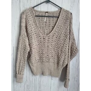 Free People Crochet Knit V-Neck Dolman Sweater Oatmeal Beige Cotton Blend